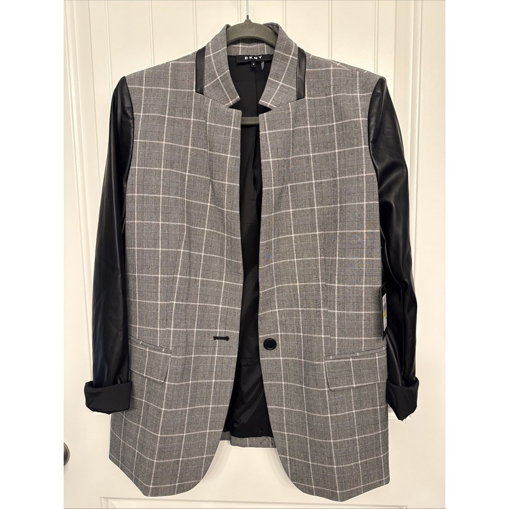 DKNY Blazer Women's size M Jacket Faux leather Sleeve Plaid Black Gray Career